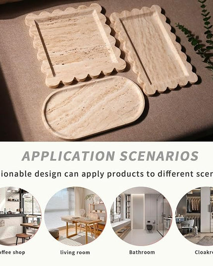 Natural 100% Marble Vanity Tray Luxury Scalloped Marble Tray, Travertine Tray for Home Decor Bathroom Kitchen Candle Key (Square-9.8 * 9.8-Beige Travertine)