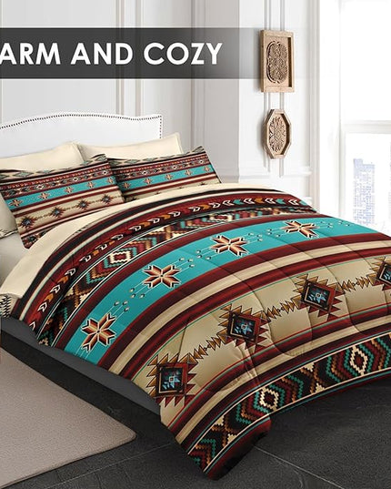Comforter Set Full Size, African Tribal Ethnic 7 Pcs Bedding for Kids and Adults, Mexican Moroccan Aztec Bed Sheet Sets with Fitted Sheet 2 Pillowcases & 2 Shams for Bedroom Bed Decor