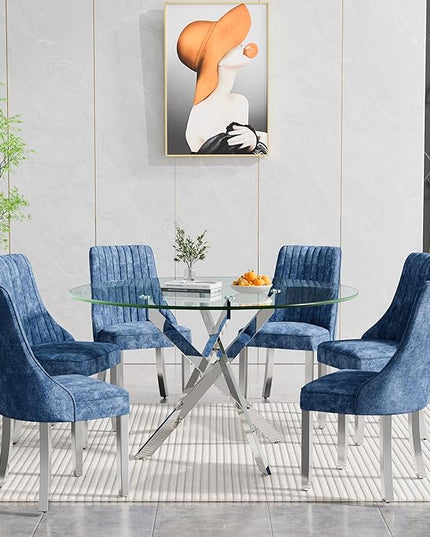 Round Glass Dining Table Set for 6, 47'' Clear Circular Kitchen Table and Chairs Set, 7PCS Modern Circle Dining Room Table Set with 6 Dining Chair for Home