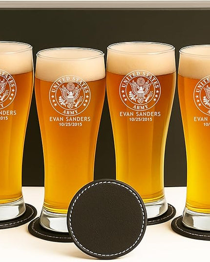 Personalized Military Sets - Custom Engraved Decanter & 4 Scotch Glasses - Army, Navy, Air Force, Coast Guard - Active Duty & Veterans (Scotch Glass Set)