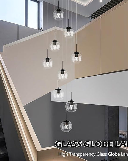 KoKo&Yukina 9-Light Globe Glass Pendant Light Adjustable Length Pendant Lights Fixtures Modern Black Clear Globe Glass Chandelier High Ceiling Lights Fixtures for Foyer Staircase (Bulb & Remote Incl)