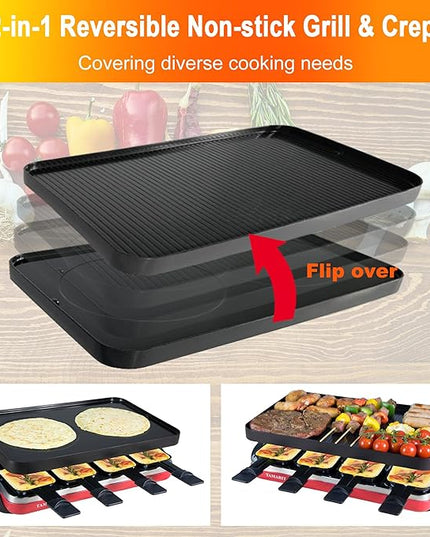 TAMARIT Classic 8 Person Raclette Grill 1500W Electric Tabletop Griddle with Reversible Plate, 8 Non-Stick Cheese Trays and Spatulas Indoor Portable Korean BBQ Barbecue Party Grill Red