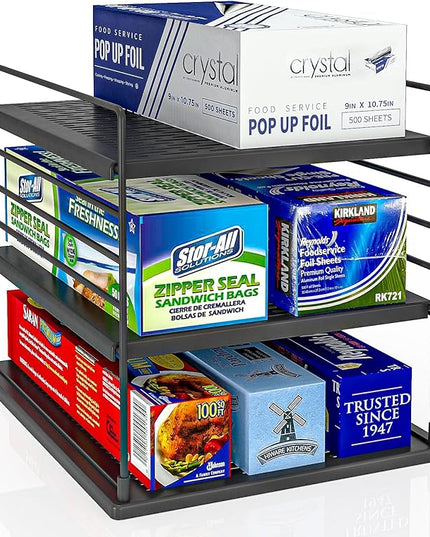 Pantry Organizer- Divided Compartment Holder for Aluminum Foil, Wraps & Baggie Boxes, Upgraded Shelf Storage