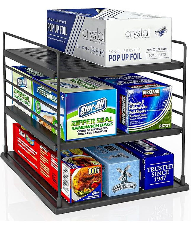Pantry Organizer- Divided Compartment Holder for Aluminum Foil, Wraps & Baggie Boxes, Upgraded Shelf Storage