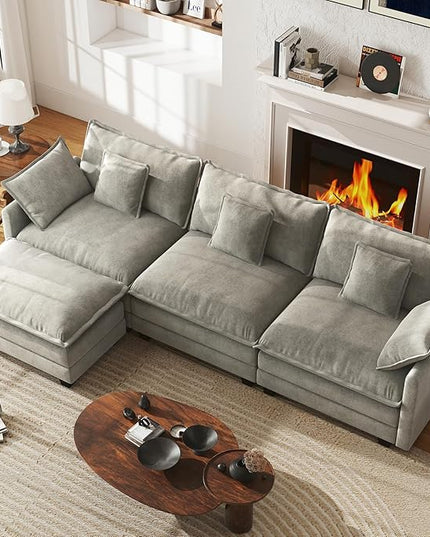 WorthFurni 111.4” Cloud Couch, Modular Sectional Sofa, Comfy Modern 3-Seater Couches with Pillows & Upholstered Deep Seat Cushion for Apartment Living Room Bedroom （Grey）