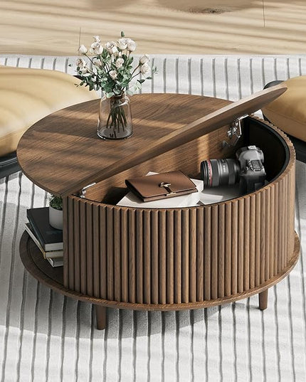 Round Coffee Table with Storage, 31.5" Mid Century Modern Coffee Table with Sliding Door & Solid Wood Legs, Minimalist Fluted Center Table for Living Room, Home Small Space, Walnut