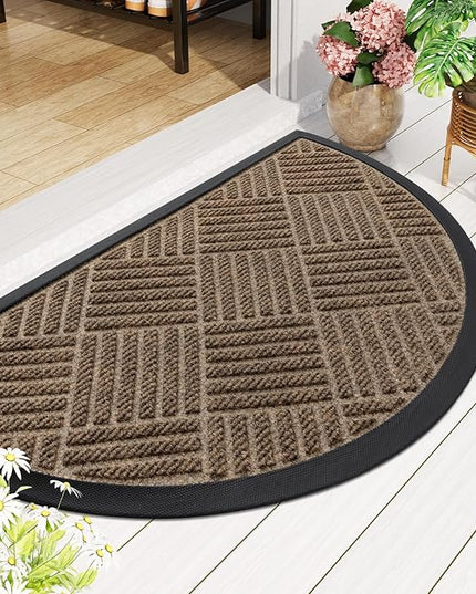 Smiry Half Circle Front Door Mat Outside Entrance, Heavy Duty Outdoor Indoor Natural Rubber Doormat, Non Slip, Trap Dirt and Moisture, Easy Clean, Low Profile Patio Porch Entryway Mat, 29.5x17, Brown