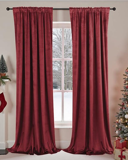 Red Velvet Pleated Blackout Curtains with Hooks, Christmas Curtains for Living Room, Cortinas Rojas De Navidad Para Sala, Holiday Curtains for Dining Bedroom Movie Theater, 84 Inch Long, 2 Panels Set