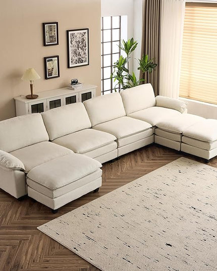 VINGLI 156" Cloud Couch, Comfy Modular Sectional Sofa Set for Living Room,U-Shaped Linen 4-Seat Convertible Loveseat Sofa with 3 Ottoman for Small Space.(Beige)