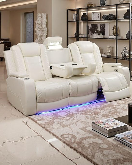Leather Reclining Sofa Set, Power Recliner Sofa Sectional Couches with Drop-Down Table, Living Room Furniture, Reclining Sofa with Cup Holders/Storage Console for House(Creamy White)