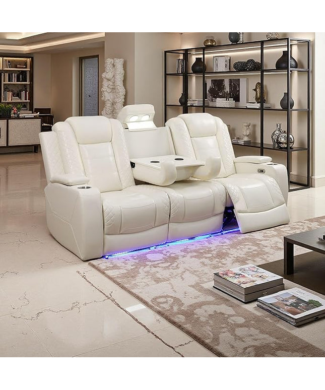 Leather Reclining Sofa Set, Power Recliner Sofa Sectional Couches with Drop-Down Table, Living Room Furniture, Reclining Sofa with Cup Holders/Storage Console for House(Creamy White)