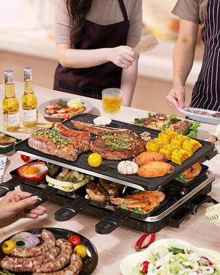 Raclette Table Grill, Indoor Grill Korean BBQ Grill Electric Griddle, 2 in 1 Electric Griddle Nonstick with 8 Raclette Cheese Pans Adjustable Temperature Control 1300W Ideal for Family and Party Fun