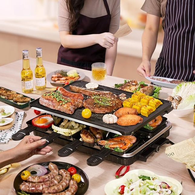 Raclette Table Grill, Indoor Grill Korean BBQ Grill Electric Griddle, 2 in 1 Electric Griddle Nonstick with 8 Raclette Cheese Pans Adjustable Temperature Control 1300W Ideal for Family and Party Fun