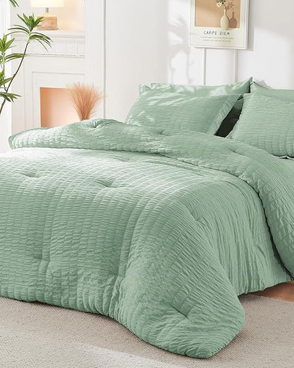 HYMOKEGE Sage Green Twin Comforter Set Seersucker 5 Pieces, All Season Luxury Bed in a Bag for Bedroom, Bedding Set with Comforters, Sheets, Pillowcase & Sham