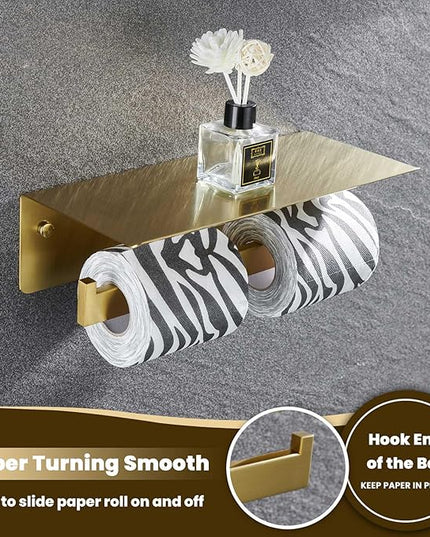 Suyar Toilet Paper Holder Brushed Gold, SUS 304 Stainless Steel Bathroom Double Toilet Paper Roll Holder with Shelf, Wall Mounted