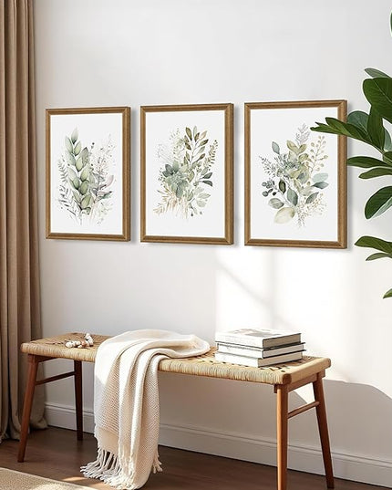 WRFON Watercolor Botanical Wall Art Set of 3 Boho Sage Green Wildflower Canvas Wall Art Prints Modern Floral Wall Decor for Bedroom Living Room Bathroom Decorations Wood Framed 16x24 Inches