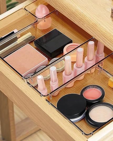 23 PCS Drawer Organizer Set, 5 Varied Size Bathroom and kitchen Drawer cabinet organizer Trays, Clear Storage Bins for Makeup, Jewelry, Utensils and Gadgets, Champagne