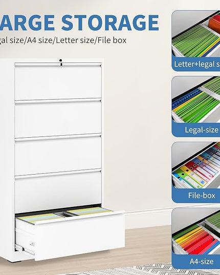 5 Drawer Metal Office Storage Filing Cabinet with Lock, White Lateral File Cabinet for Home Office, Horizontal Locking for Legal/Letter/A4, Assembly Required