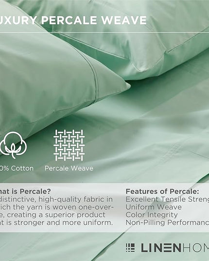 Linen Home 100% Cotton Percale Pillowcases King Size, Pastel Turk, 2 Pieces of Pillow Case, Crisp and Cool Strong Bed Linen, 20 inches X 40 inches