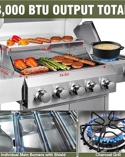 Bestfire 68,000 BTU 5 Burner Propane Gas Grill with Side Burner-Professional-Grade Stainless Steel Outdoor BBQ Grill-647 sq in Cooking Space&Porcelain Cast Iron Grrates-Patio Cart Design for Backyard