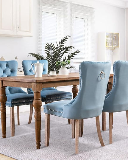 SoarFlash Velvet Dining Chairs Set of 4, Tall Back Side Chair, Modern Upholstered High-end Tufted Side Chair with Button Back Ring, Solid Wood Legs (Sky-Blue)