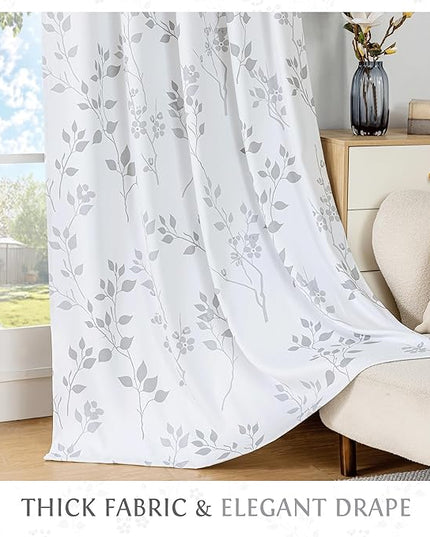 Beauoop Floral 100% Blackout Curtains 84 Inches Long 2 Panels for Bedroom Living Room Grey White Flower Patterned Room Darkening Thermal Insulated Soundproof Grommet Window Treatments Drapes, 52X84