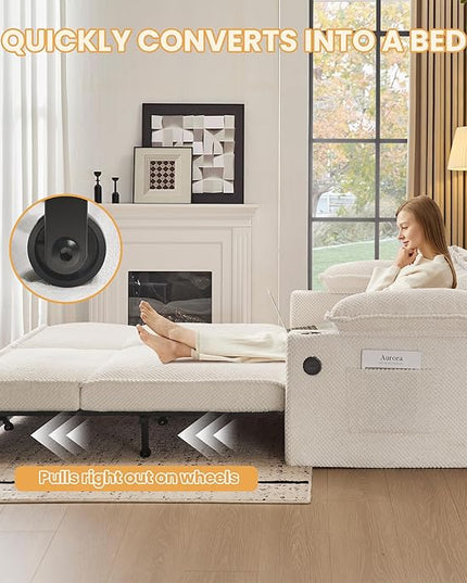 SUNWAVE 83" King Size Pull Out Sofa Bed, 4-in-1 Convertible Sleeper Sofa Bed with USB Ports, Cup Holders, Side Pockets, Corduroy Oversized Loveseat Chaise Lounge for Living Room, Small Space (White)