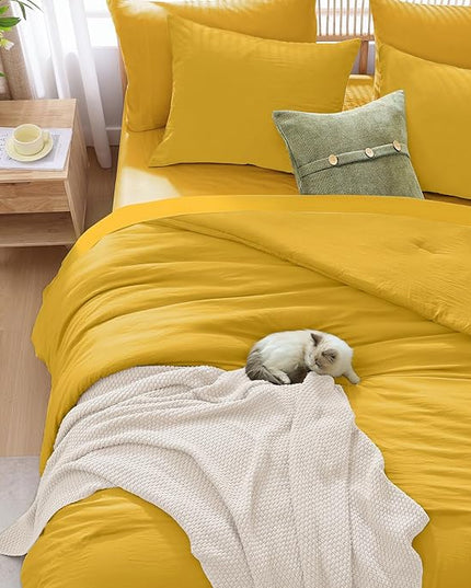 WRENSONGE Queen Comforter Set- 7 Pieces Soft Yellow Bed in a Bag Queen with Fitted Sheet, Flat Sheet, 2 Shams, and 2 Pillowcases- Warm Bedding Sets for All Season