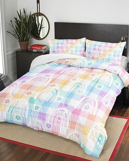Colorful Boho Rainbow Comforter Set,Colorful Checker 3 Piece Bedding Set Twin for Boy Girl,70s 80s 90s Bedding Quilt Set 70s Decor,Soft Microfiber Lightweight 1 Comforter 2 Pillowcases All Season