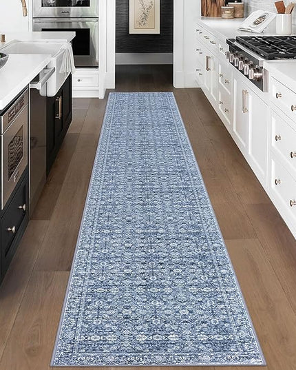 2.6x18 Runner Washable Rug for Kitchen, Blue Soft Classic Runner with Non-Slip, Non-Shedding Distressed Floral Rug for Hallways Entryway Bedroom Bathroom Laundry Indoor