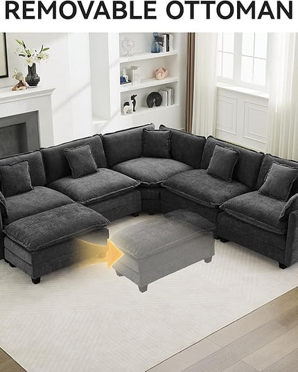 137'' V Shaped Cloud Sectional Sofa, Oversized Deep Seat Couches for Living Room, Chenille Comfy Upholstered Modular Sectional Sofa Couch, Dark Grey