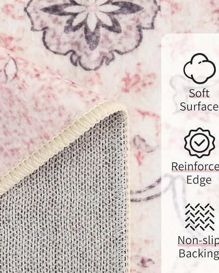 Washable Runner Rug 2x6,Pink Rug Runners Non Slip,Long Boho Rugs for Hallways Kitchen Bedroom Entryway Bathroom,Vintage Bohemian Distressed Farmhouse Floor Carpet,Grey Blush Floral