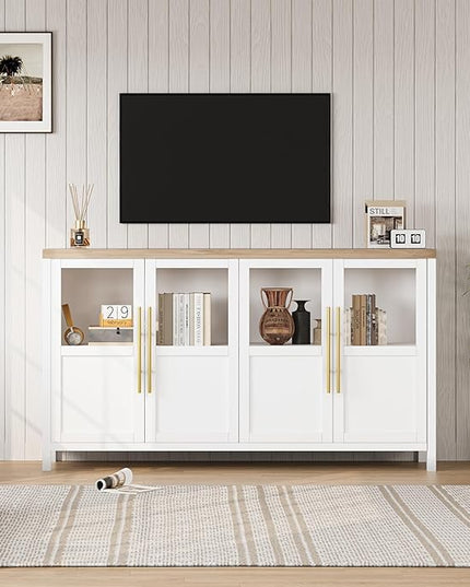 Sideboard Buffet Cabinet, 55" Large Modern Farmhouse Storage Cabinet Table with 4 Glass Doors and Shelves, Multi-Room Use for Kitchen, Dining Room, Living Room, and Hallway