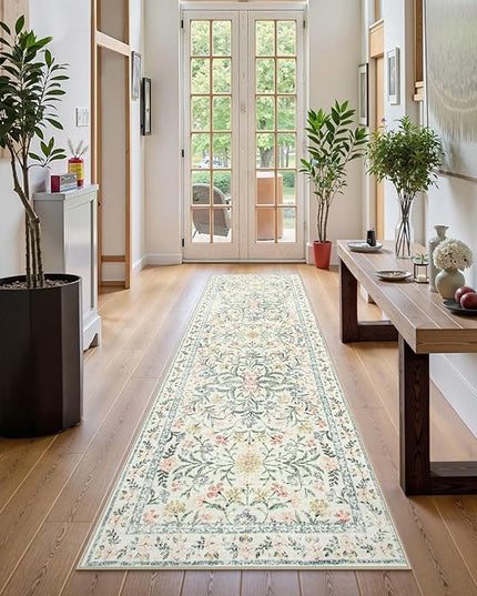 Wonnitar Washable Rug Runner 2'6''x8', Boho Floral Hallway Runner Rug 8ft Long Carpet for Bedroom, Soft Non Slip Ultra-Thin Beige Carpets for Bathroom Kitchen Bedside