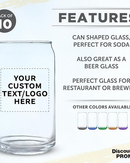 Custom Beer Can Glasses Set of 10, 16 oz. Pint Sized, Promotional Text, Logo, Soda Can Shape, Glassware, Clear