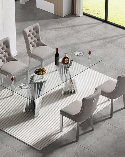 5 Piece Glass Dining Table Set,70" Dinner Room Glass Table Set for 4,Modern Kitchen Dinner Table Set with Stainless Steel Base and 4 Upholstered Velvet Dining Chairs for Living Dining Room