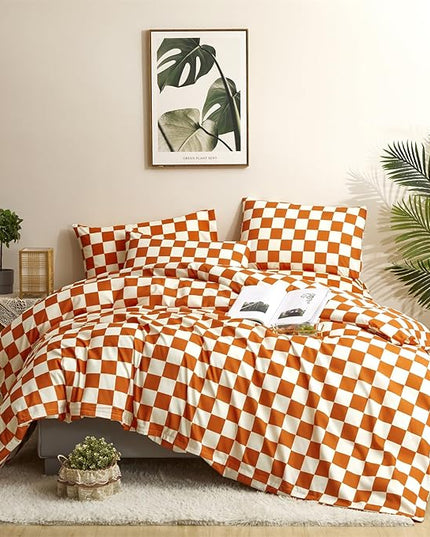 CLOTHKNOW Rust Beige Plaid Queen Comforter Set 3Pcs Grid Bedding Comforter Sets Soft Checker Queen Comforter Burnt Orange Queen Size Comforter Sets