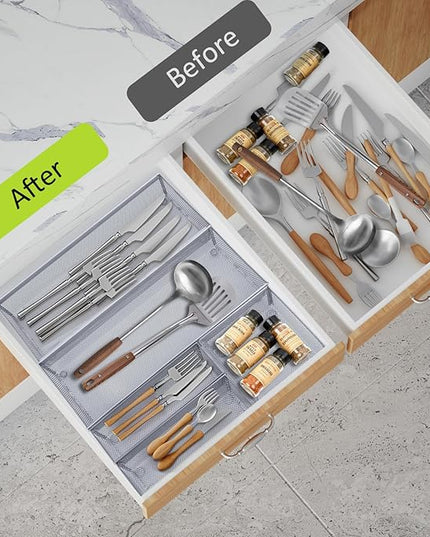 Neudeco Silverware Drawer Organizer,Utensil Organizer for Kitchen Drawer Organizer for Large Utensils with Interlocking Arm, Silverware Storage Cutlery Tray for Knives Fork Spoon (Pack 5, Silver)