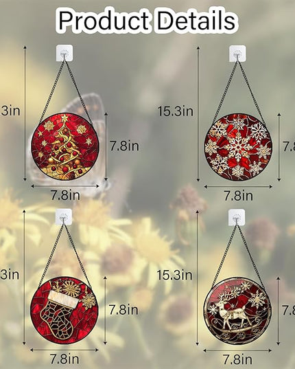 Stained Glass Window Hanging 4 Pcs Set Red Christmas Elk Snowflakes 7.8" - Deer Suncatcher Door Garden Sun Catcher Decor Birthday for Mom Woman Nana Men Friend