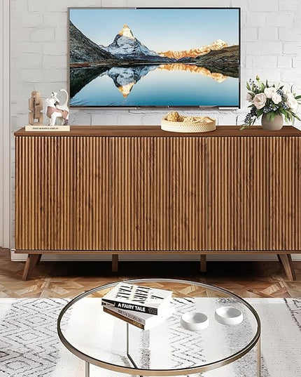Fluted Sideboard Buffet Cabinet with Storage, Modern Storage Cabinet with 3 Doors, Wood Credenza Buffet Sideboards, Console Table for Kitchen Dining Living Room Entryway (Walnut)