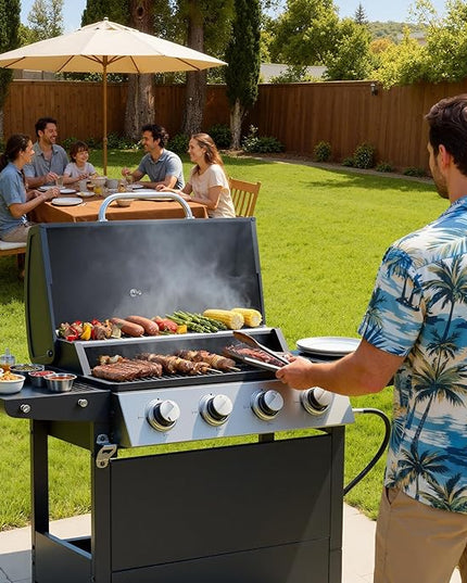 4-Burner Stainless Steel Gas Grill | 34,000 BTU Total Output & 421 sq.in Cooking Area | Powerful Even-Heat System for Large Family BBQs & Backyard Parties