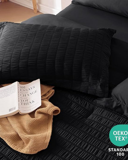 MUXHOMO 5 Pieces Twin Comforter Set, Seersucker Bed in a Bag Twin Size, All Season Luxury Bedding Set with Comforter, Flat Sheet, Fitted Sheet, Pillowcase & Sham, Black