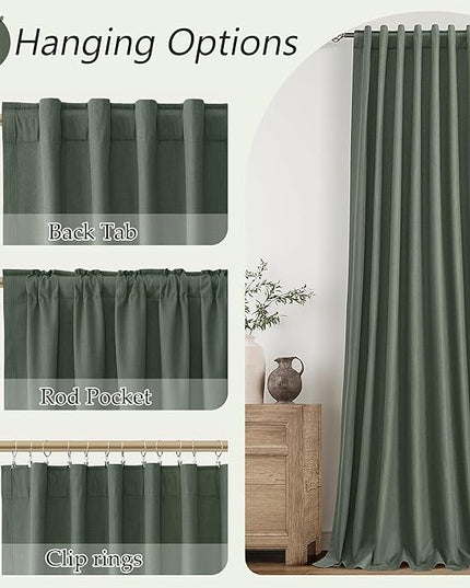Guken Olive Green Blackout Curtains 90 Inch Length 2 Panels Set for Living Room Bedroom Back Tab Thermal Insulated 100% Black Out Linen Drapes Room Darkening Window Curtains 90 Inches Long