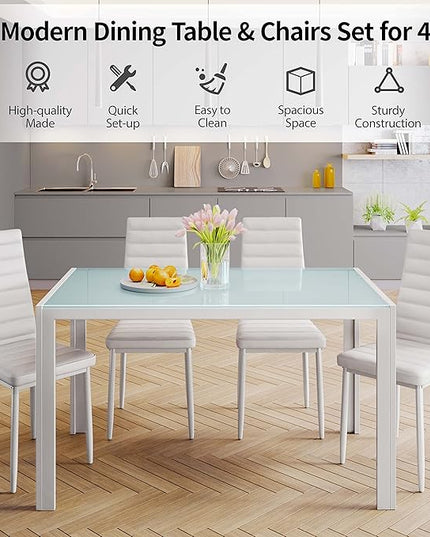 Gizoon 5 Piece Glass Dining Table Set, Kitchen and Chairs for 4, PU Leather Modern Room Sets for Home, Kitchen, Living Room