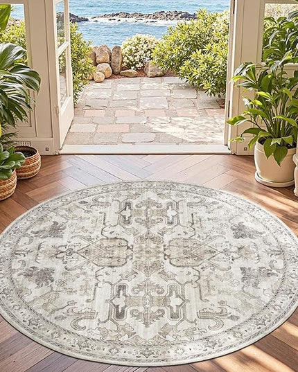 jinchan Round Rug 5ft Area Rug Indoor Vintage Floral Circle 5' Washable Ultra-Thin Low Pile Soft Small Non Slip Distressed Print for Living Room Dining Room Bedroom Entryway Taupe