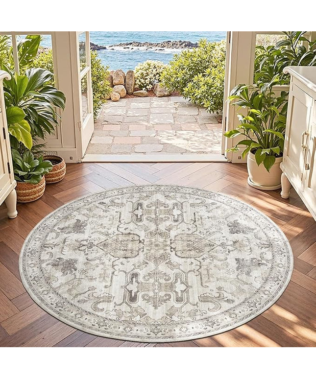 jinchan Round Rug 5ft Area Rug Indoor Vintage Floral Circle 5' Washable Ultra-Thin Low Pile Soft Small Non Slip Distressed Print for Living Room Dining Room Bedroom Entryway Taupe