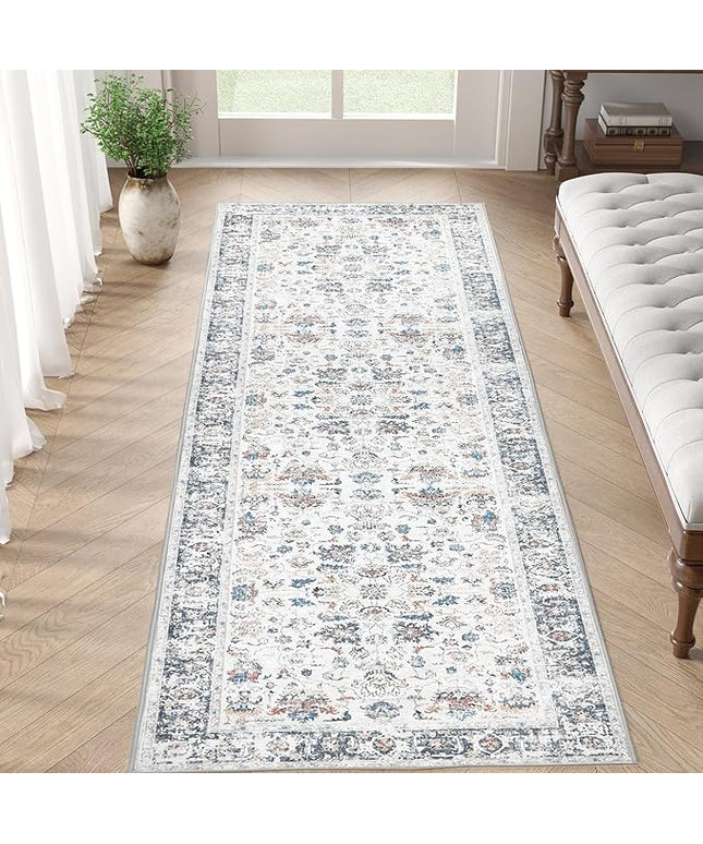 jinchan Runner Rug 2x5 - Hallway Rug Kitchen Washable Runner Vintage Floral Boho Lightweight Thin Non-Slip Retro Distressed Carpet for Entryway Bathroom Bedroom Laundry Room Grey Multi