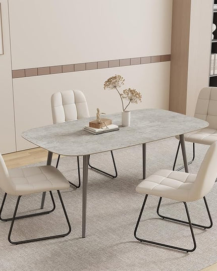 55.1'' Dining Table Set for 4,Modern Wood Dining Table,Leather Dining Chairs 4,Table and Chairs Set of 4,Ideal for Kitchen Dining Room (Gray Table + 4 U-Shaped White Chairs, 55.1")