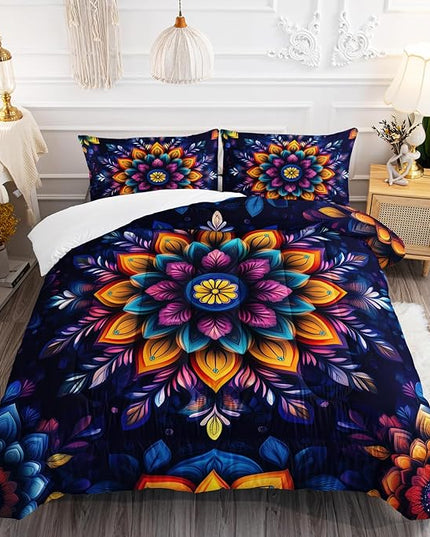 AILONEN Colorful Mandala Comforter Set Queen Size, Bohemian Floral Printed Bedding Set for Kids Teens Adults,Luxury Boho Chic Modern Duvet Set for Bedroom Decor,1 Quilt 2 Pillowcase,3Pcs