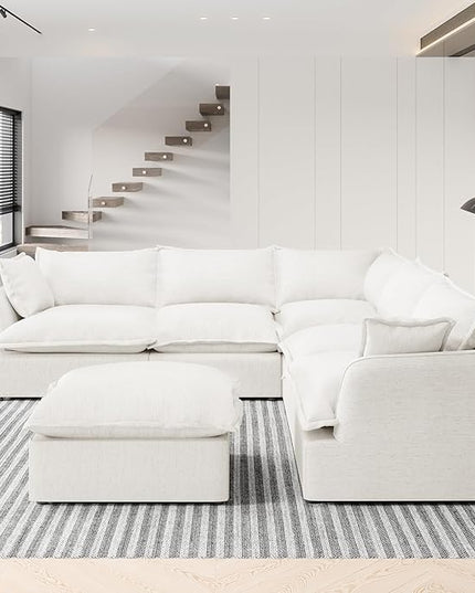 Cloud Modular Sectional Sofa,5 Seater with Ottoman Comfy Down Couch,26.8" Deep Seat Couches,Sofa for Living Room,Detachable Sofa Covers,Cream White